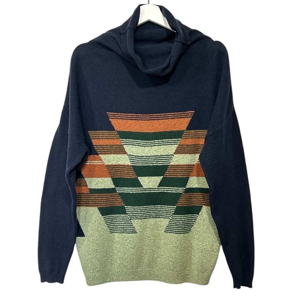 Prana Navy Cowlneck Sweater with Green, Orange, Brown Geometric Pattern - Picture 2 of 10